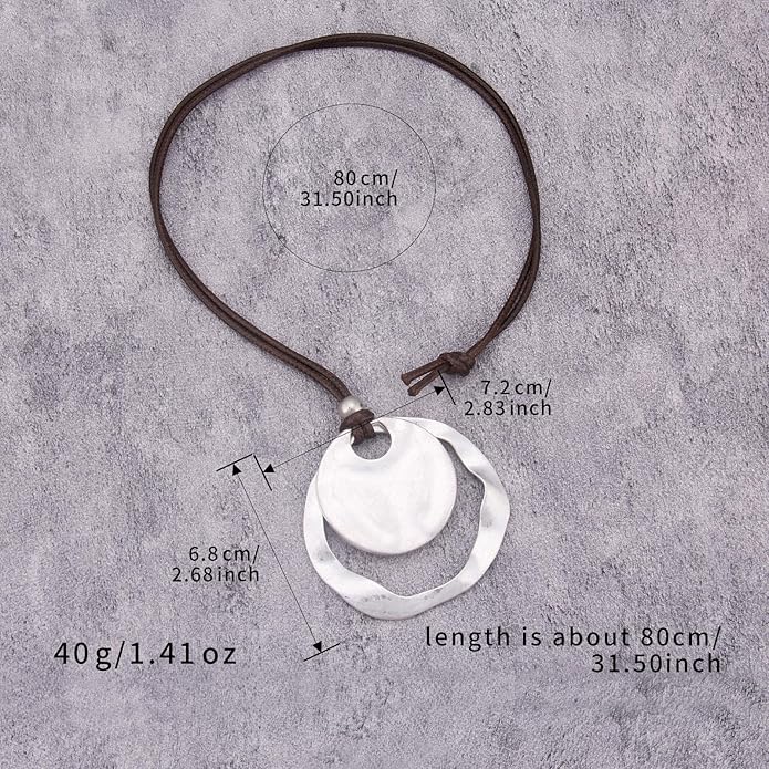 Boho Leather Necklace Women Bohemian Brown Circle Pendant Necklace Choker Long Necklaces for Women Boho Ring Large Pendant