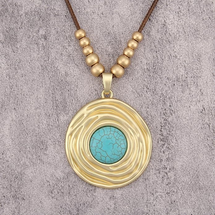Boho Leather Necklace Women Bohemian Brown Circle Pendant Necklace Choker Long Necklaces for Women Boho Ring Large Pendant