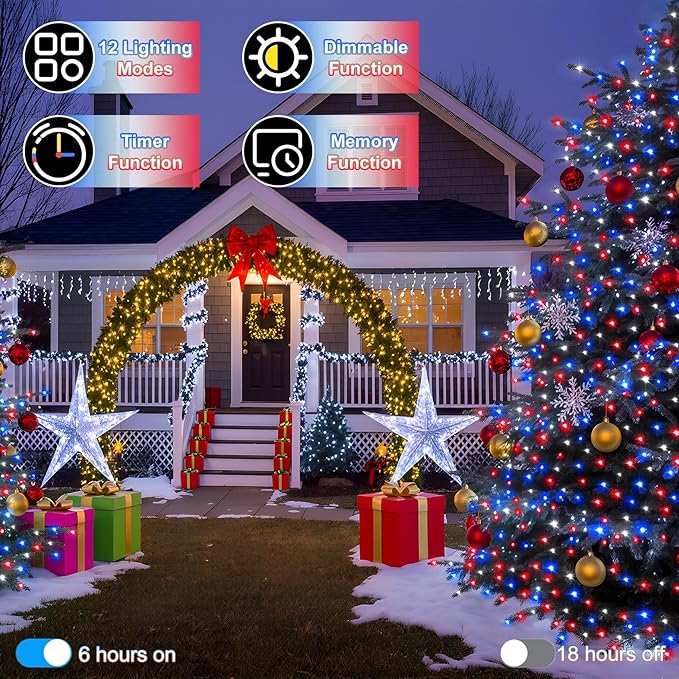 750 LED 240FT Christmas String Lights Outdoor, Christmas Light with 8 Lighting Modes& Timer & Memory, Plug in Waterproof Clear Wire Twinkle Light for for Xmas Yard Tree Party Decor Red White Blue