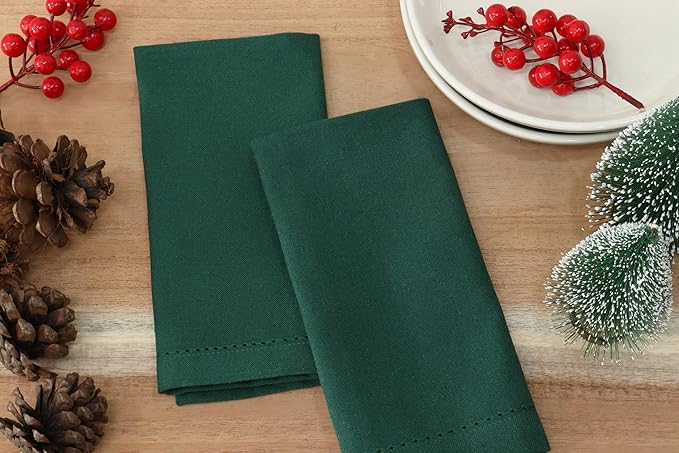 PurpleEssences Set of 6 Hemstitch Cloth Dinner Napkins 100% Cotton - Soft Durable Washable - Ideal for Wedding Christmas Holiday Winter - Perfect Everyday Use Table Linen 18x18 - Forest Green