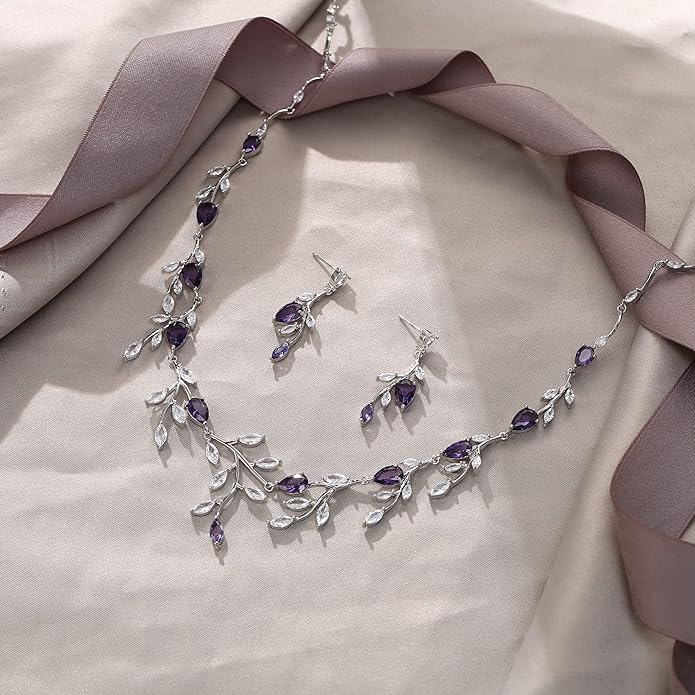 EVER FAITH Wedding Jewelry for Bride Women Bridesmaid, Sparkly Cubic Zirconia Pear-Shaped Birthstone Leaf Necklace Earrings Set for Prom