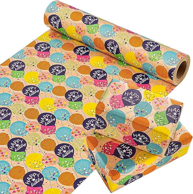 WRAPAHOLIC Kraft Birthday Wrapping Paper Roll - Mini Roll - 17 Inch x 33 Feet - Colorful Balloon with Confetti Design for Girls Boys Kids, Baby Shower, Party