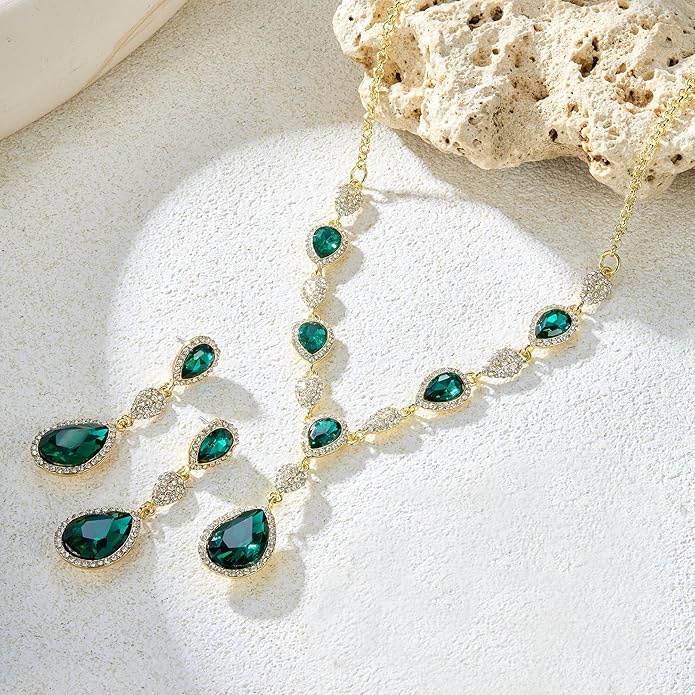 EleQueen Women's Cubic Zirconia Teardrop Y-Necklaces Dangle Earrings Jewelry Sets for Brides Bridesmaids