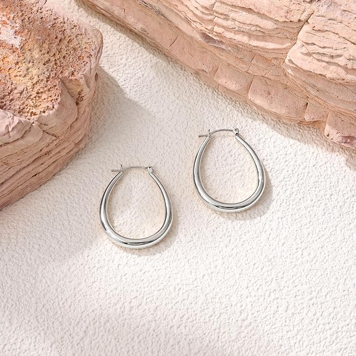 Gacimy Chunky Hoop Earrings for Women, 14K Gold Plated Oval Hoop Earrings with 925 Sterling Silver Post