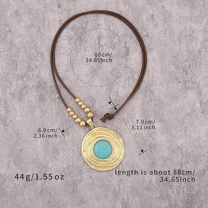 Boho Leather Necklace Women Bohemian Brown Circle Pendant Necklace Choker Long Necklaces for Women Boho Ring Large Pendant