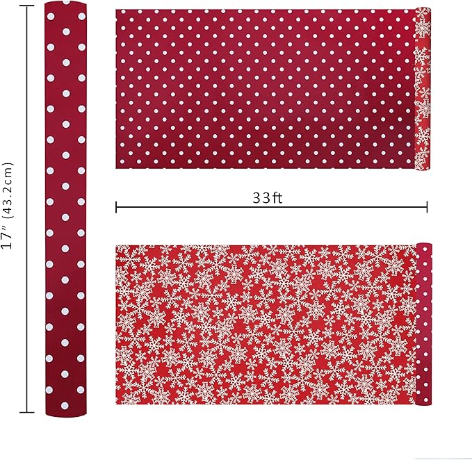 LaRibbons Reversible Christmas Wrapping Paper Roll, White Small Dots & Snow Flakes on Red Design, Classic Gift Wrap Paper for Xmas, Holiday Celebration, 17 Inch X 33 Feet