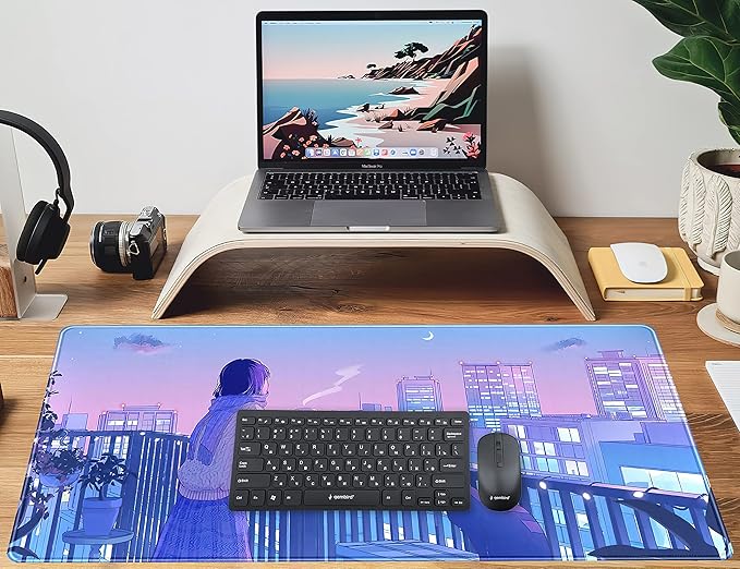 Purple Anime Kawaii Desk Mat Mousepad Cute Cat XXL Large Gaming Japanese Girly Aesthetic Mouse Pad Tokyo Street Desk Mat 31.5x15.75 in, Girl Gamer Desktop Mat Computer Laptop Keyboard Mouse Mat