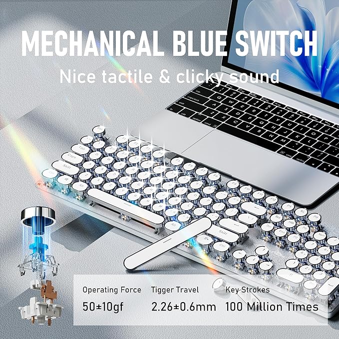 EWEADN TK100 Typewriter Style Wired Mechanical Keyboard, 104 Keys Aesthetic Typewriter Keyboard with White Backlit, Anti-Ghosting, Blue Switch Wired Cute Keyboards-White