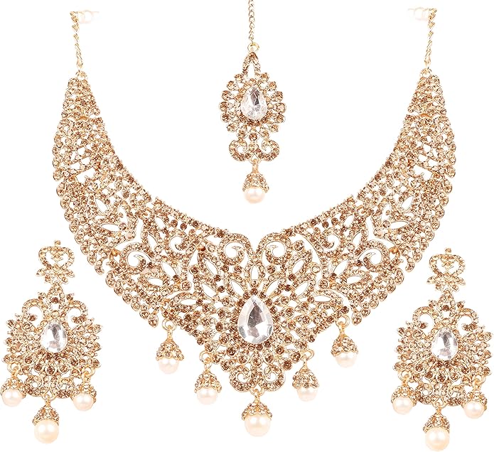 Touchstone Indian jewelry sets for women tikka wedding necklace costume guest statement bollywood rhinestones crystal faux pearls gold big royal neck piece set bridal fashion accessories