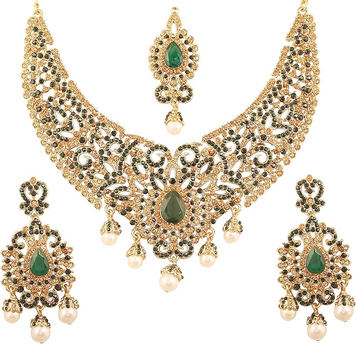 Touchstone Indian jewelry sets for women tikka wedding necklace costume guest statement bollywood rhinestones crystal faux pearls gold big royal neck piece set bridal fashion accessories