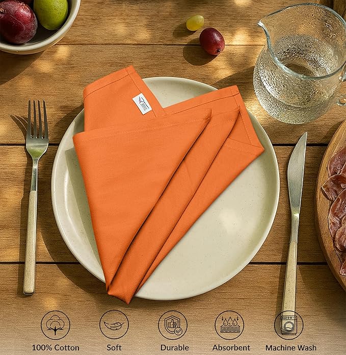 Ruvanti Premium Cloth Napkins Set of 12, 18x18 Inches, 100% Cotton, Washable, Soft & Absorbent, Perfect for Wedding, Christmas, ‎Thanksgiving Dinners - Orange Peel