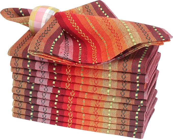 Homidate Cotton Cloth Dinner Napkins Set of 12 – 18x18 Salsa Red Multi Stripes – Reusable Machine Washable Fabric Napkins for Weddings, Events, Restaurants & Daily Dining