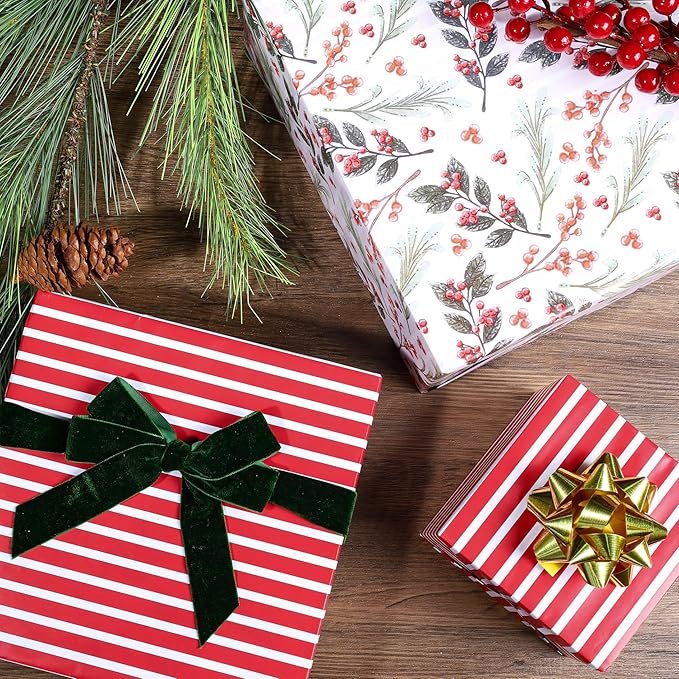 LaRibbons Reversible Christmas Wrapping Paper Roll, Vintage Red Berries & Red Stripe Gift Wrap for Christmas, Season Party, Xmas, 17 Inch x 33 Feet