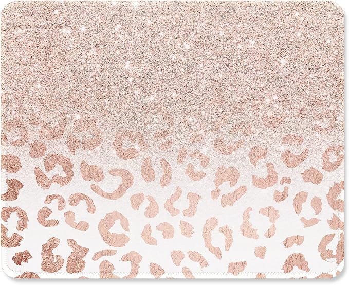 ITNRSIIET Mouse Pad with Stitched Edge Premium Textured Smooth Precise Operation Waterproof Washable Non-Slip Rubber Base Desktop Protection Mat, 10.2×8.3×0.12 inches, Rose Gold Leopard Print