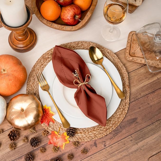 Blue Needles Set of 6 Hemstitch Linen Napkins 100% Cotton Rust Cloth Dinner Napkins 18x18 inches, Soft, Reusable, Absorbent, Washable, Ideal for Fall Thanksgiving Events, Parties & Everyday Use