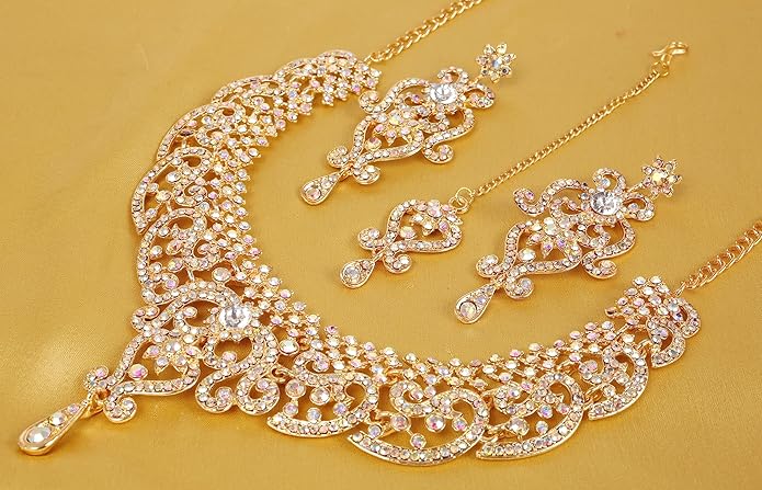Touchstone Indian jewelry set for women bollywood gold jewellery wedding outfits necklace sets earrings bridal maang tikka fancy costume girls big desi accessories rhinestone in gold or silver tone