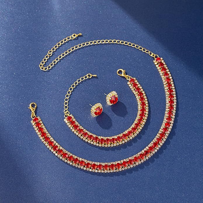 Women Rhinestone Crystal Jewelry Set Crystal Tennis Design Rhinestone Choker Necklace Link Bracelet Teardrop Earrings Set Wedding Bridal Bridesmaids Party
