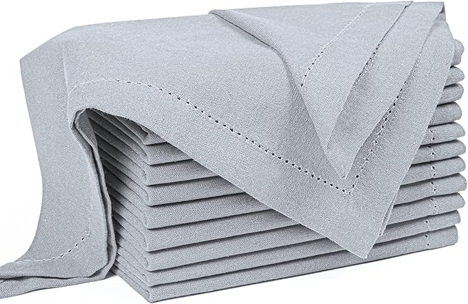 Palisa Cloth Dinner Napkins with Hemstitched Detailing & Mitered Corners Set of 12 (18x18 Inches) Grey - Cotton Reusable Dinner Napkins - Perfect for Weddings & Everyday Use