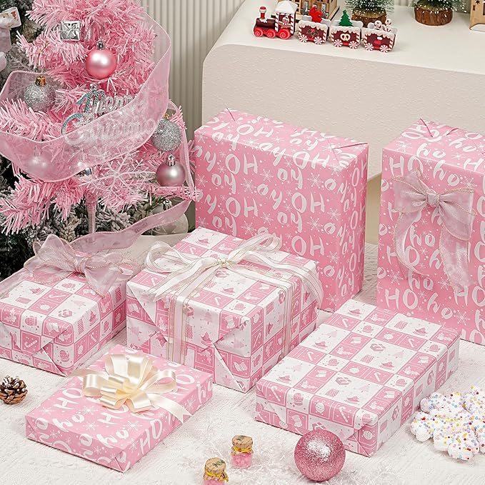 Ulmasinn Reversible Christmas Wrapping Paper Pink Mini Roll 17 Inches X 33 Feet for Girls Kids,printed with “Ho Ho” and Pink Holiday Collection Design for Festivals, Parties, Celebrations