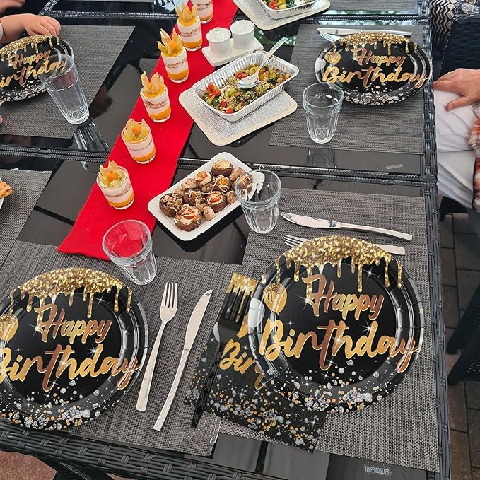75PCS Happy Birthday Plates and Napkins, 7 Inch Black and Gold Paper Cake Plates Disposable Party Supplies Party's Tableware for Birthday Party Decorations