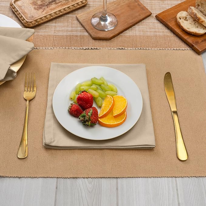 Blue Needles Solid Cloth Napkins Set of 12 Beige 100% Cotton Dinner Napkins 18x18 inches - Soft, Reusable, Absorbent & Washable Fall Thanksgiving Linen, Ideal for Events, Parties & Everyday Use