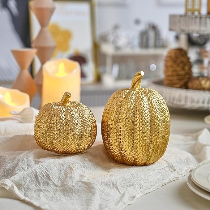 Pumpkin Fall Decor Indoor - Gold Pumpkin for Decorating, 2Pcs Resin Pumpkins Decor with Woven Effect, Thanksgiving Table Centerpiece, Fireplace, Autumn Harvest Party Decorations
