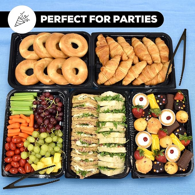 10 Pack Catering Trays with Lids – 15" Serving Tray with Lid, Heavy Duty Recyclable Plastic Party Platters for Catering, Buffet, Picnics & Events – Food Tray with Clear Lid (15.35 × 11.42 × 2.95 inch)