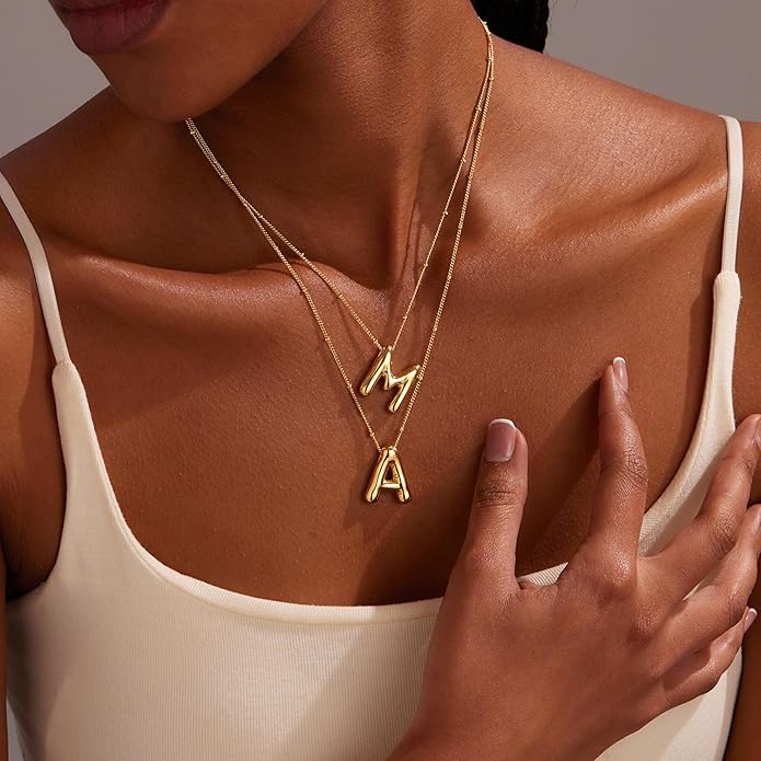 Inerney Valentines Day Gifts Gold Bubble Letter Necklace Initial Necklaces for Women, Chunky 14K Plated Balloon Initials, Trendy Charm Non Tarnish Custom Name Pendant Jewelry Gifts for Mom