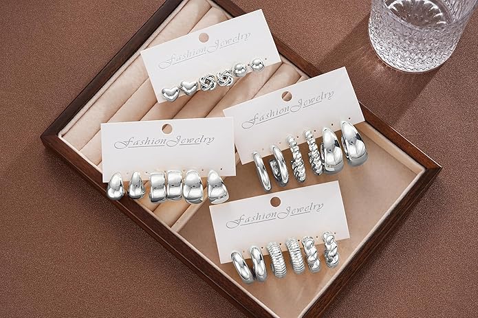 12 Pairs Chunky Gold Hoop Earrings for Women Trendy, Gold Plated Lightweight Hypoallergenic Stack, Thick Open Twisted Huggie Hoops Earring Set
