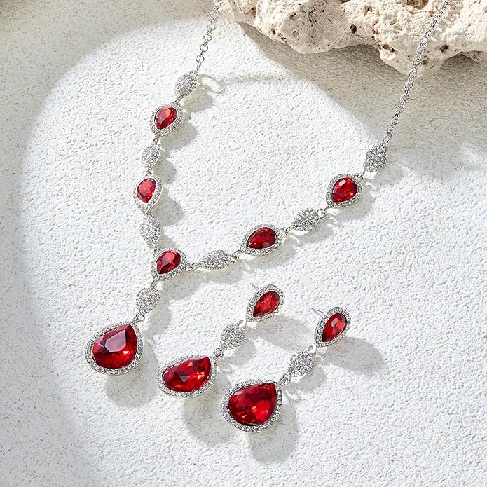 EleQueen Women's Cubic Zirconia Teardrop Y-Necklaces Dangle Earrings Jewelry Sets for Brides Bridesmaids