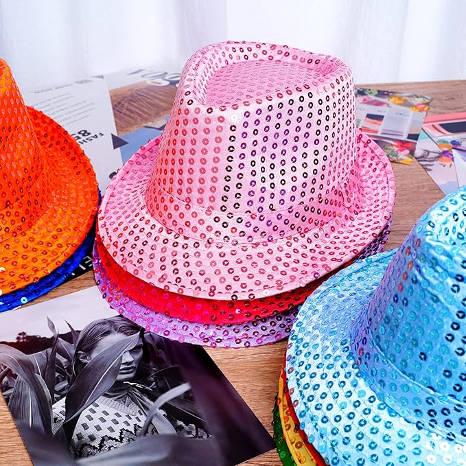 Janmercy 12 Pieces Western Sequin Hat Glitter Solid Color Dance Hat Retro Disco Unisex Costume Cap for Party Props Supplies