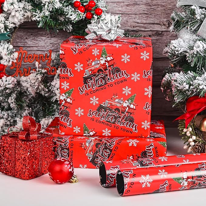 Vnaaem Reversible Monster Truck Christmas Wrapping Paper Roll for Kids Men - Red Xmas Truck, Santa Claus & Merry Christmas Lettering Design Gift Wrap for Holiday Party Celebration, DIY Craft - 17 In X 20 Ft(Total 28.5sq.ft)