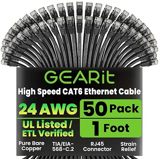 GearIT Cat 6 Ethernet Cable Pack - 50-Pack 1 ft Cat6 Ethernet Patch Cables | RJ45 Network Patch Cable, 10 Gbps Snagless Gold-Plated Connectors - Ethernet Cable Cat 6 for PC, TV, Router - Black