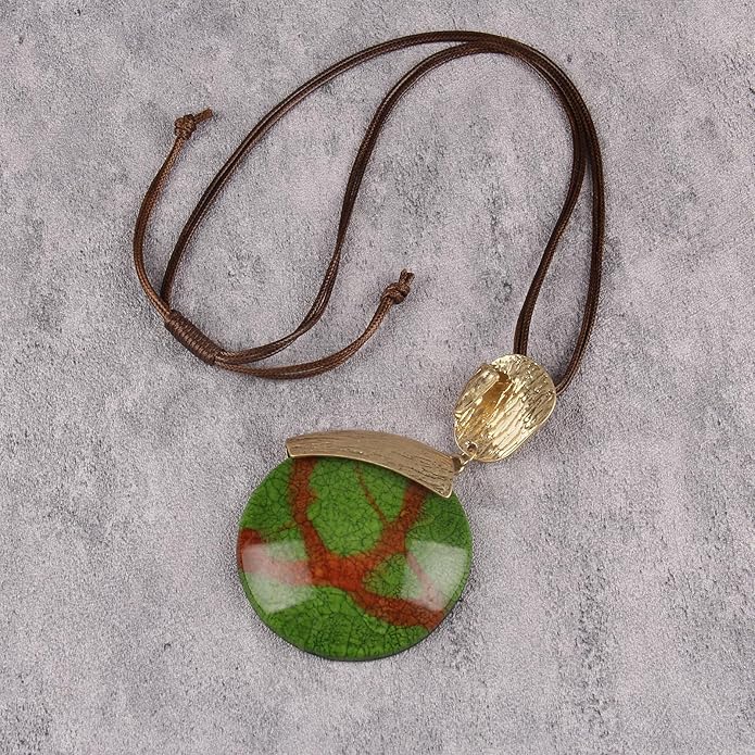Boho Leather Necklace Women Bohemian Brown Circle Pendant Necklace Choker Long Necklaces for Women Boho Ring Large Pendant