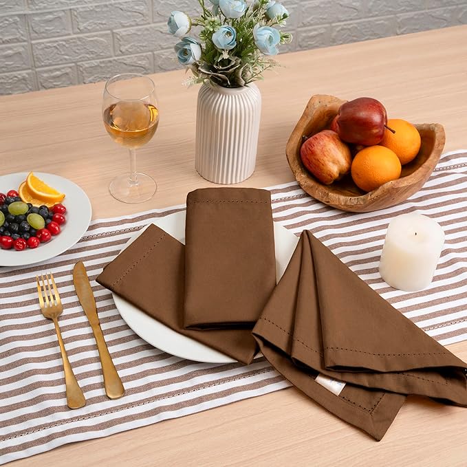 Blue Needles Set of 12 Hemstitch Linen Napkins 100% Cotton Nut Brown Cloth Dinner Napkins 18x18 inches, Soft, Reusable, Absorbent, Washable, Ideal for Fall Thanksgiving Events, Parties & Everyday Use