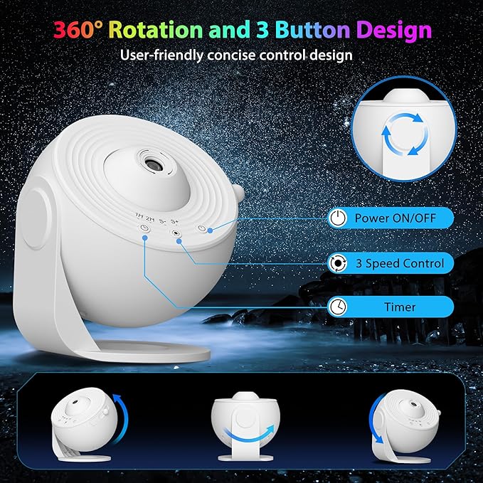 Galaxy Projector for Bedroom, HD Image Star Projector Galaxy Light Adjustable Knob, 13 Film Discs Planetarium Projector for Kids, 360° Rotating 1/2h Timer Simple 3-Button Control