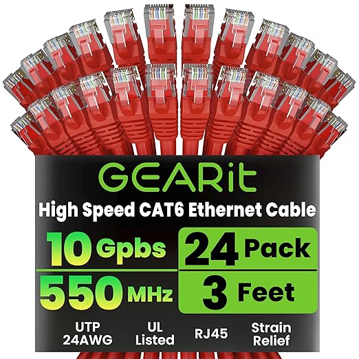 GearIT Cat 6 Ethernet Cable (24-Pack 3 Feet) Cat6 Network Patch, 10Gbps, RJ45, Snagless Cord, Gold-Plated Connectors, Internet for PC, TV, Tablet, Router, Printer, Servers, IT Data Center - Red