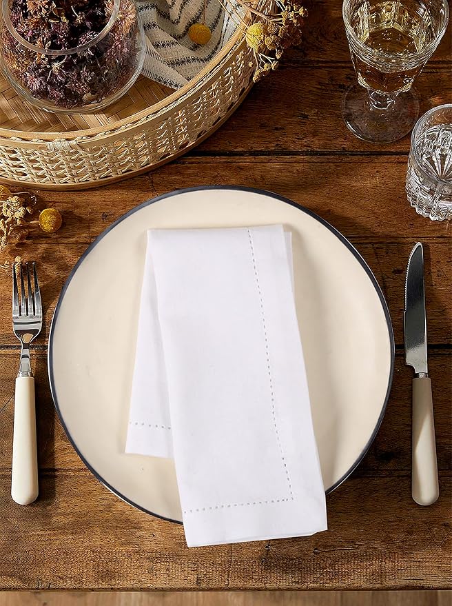 Cotton Cloth Dinner Napkins 18x18-Cotton Fabric with Hemstitched Detailing & Tailored with Mitered Corners-Ideal for Events and Regular Use-White Set of 12