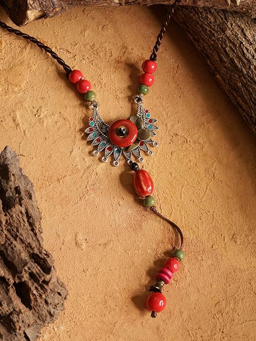 MINACHI Vintage Bohemian Colorful Ceramic Bead Antique Flower Y Necklace, Vintage Boho Hippie Statement Jewelry Gift for Women