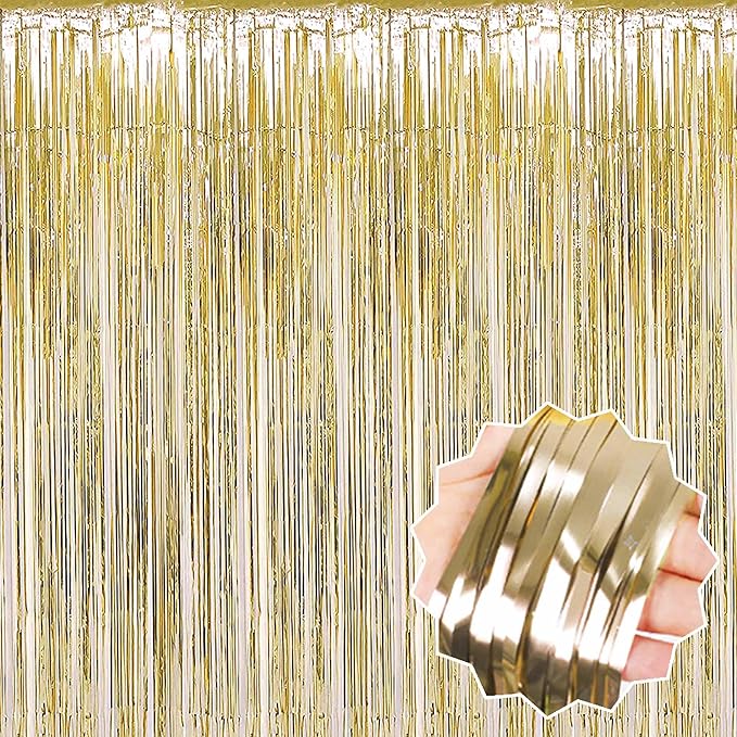 3 Pack Light Gold Foil Fringe Curtains Backdrop, 3.28 x 8.2 Ft Metallic Streamers Tinsel Curtains Background for Photo Booth, Birthday, Halloween, Christmas, Thanksgiving, New Year Party Decorations