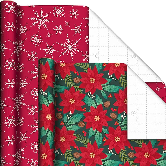 Hallmark Rustic Recyclable Christmas Wrapping Paper (6 Rolls: 180 Sq. Ft. Total) Red, White and Hunter Green Plaid, Poinsettias, Snowflakes, "Merry Christmas," Snowman, Santa