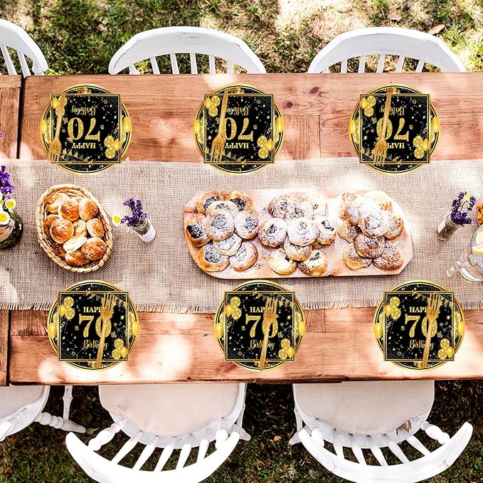 70th 7 inch Birthday Party Paper Plates and Napkins Forks 60 pcs Black Gold Birthday Decorations for Boys Girls Tableware Set for Anniversary Party Supplies,Serve 20
