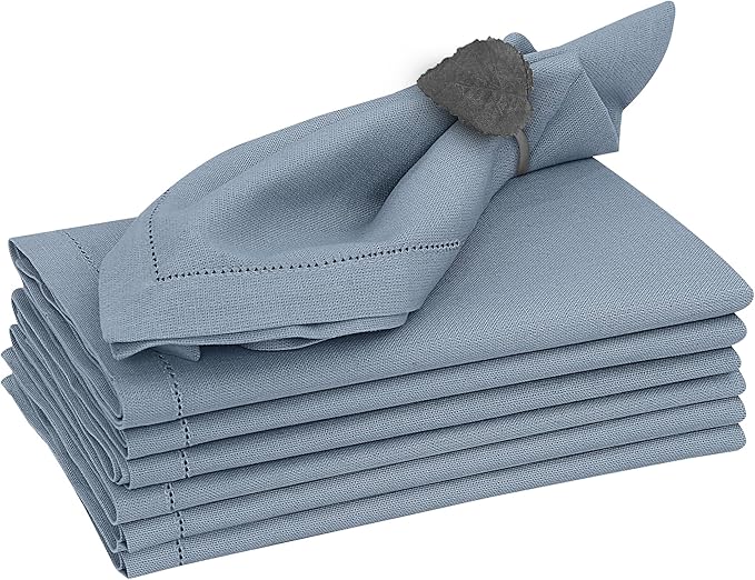Ruvanti Premium Linen Napkins Set of 6-20x20 Inch, Classic Hemstitch, Mitered Corner Cloth Napkins - Soft, Elegant Dinner Napkins Cloth Washable for Weddings, Parties, Everyday Use - Grey