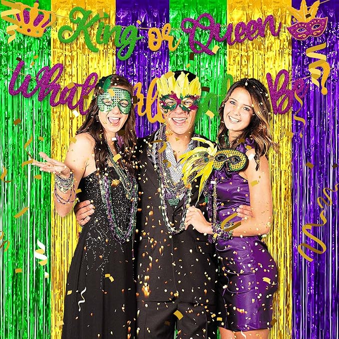 3 Pack Gold Green Purple Foil Fringe Curtains Backdrop, 3.28 x 8.2 Ft Metallic Streamers Tinsel Curtains Background for Photo Booth, Birthday, Halloween, Christmas, New Year Party Decorations