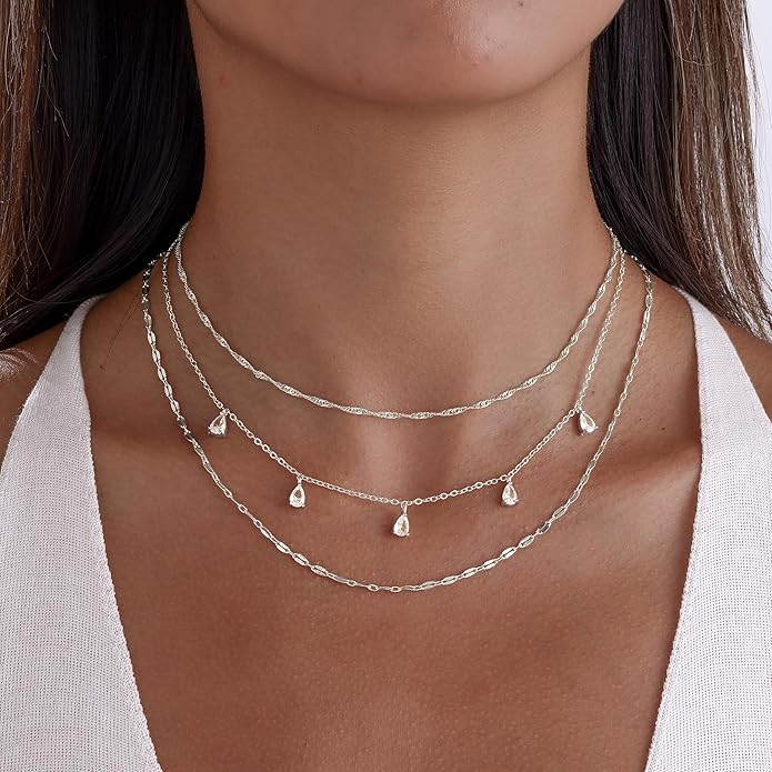 Layered Necklaces for Women, Dainty Gold Necklace Stack 14k Gold Plated Layering Cubic Zirconia Choker Necklaces for Women Trendy Simple Layered Gold Necklace Set Fashion Jewelry