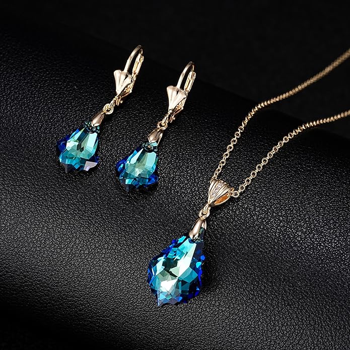 EVEVIC Austrian Crystals Baroque Pendant Necklace Earrings for Women 14K Gold Plated Hypoallergenic Leverback Drop Dangle Earrings Jewelry Set