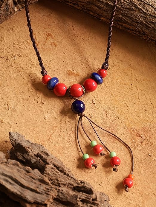 MINACHI Vintage Bohemian Ethnic Colorful Ceramic Bead Long Y Necklace, Hippie Boho Summer Fashion Jewelry Gift for Women