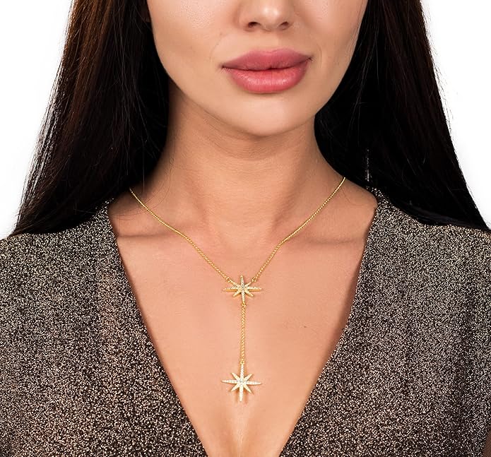 Savlano 14K Gold Plated Cubic Zirconia Round Cut Starburst 18 Inches Pendant Chain Necklace For Women
