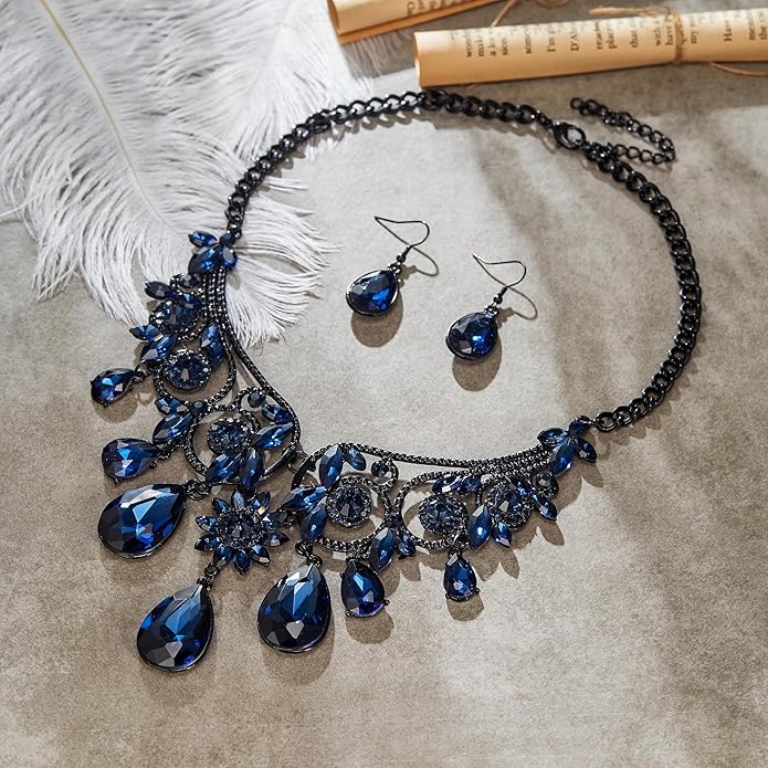 BriLove Women's Tribal Ethnic Crystal Chunky Statement Necklace Dangle Earrings Set