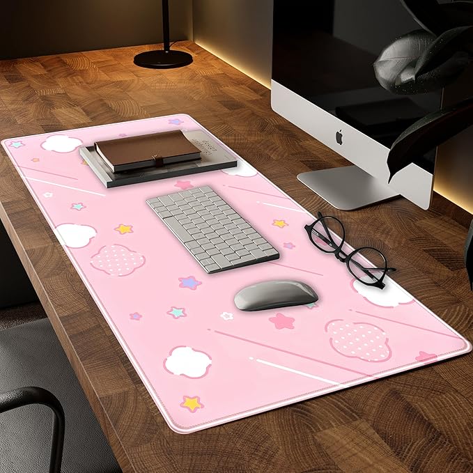 Pink Mouse Pad Large Desk Mat Gaming, Kawaii Desk Pads Stars Mouse Mat XXL Cute Keyboard Pad, Laptop Computer Mat with Non-Slip Base & Stitched Edges, Office Decor for Women 31.5" x 15.7"